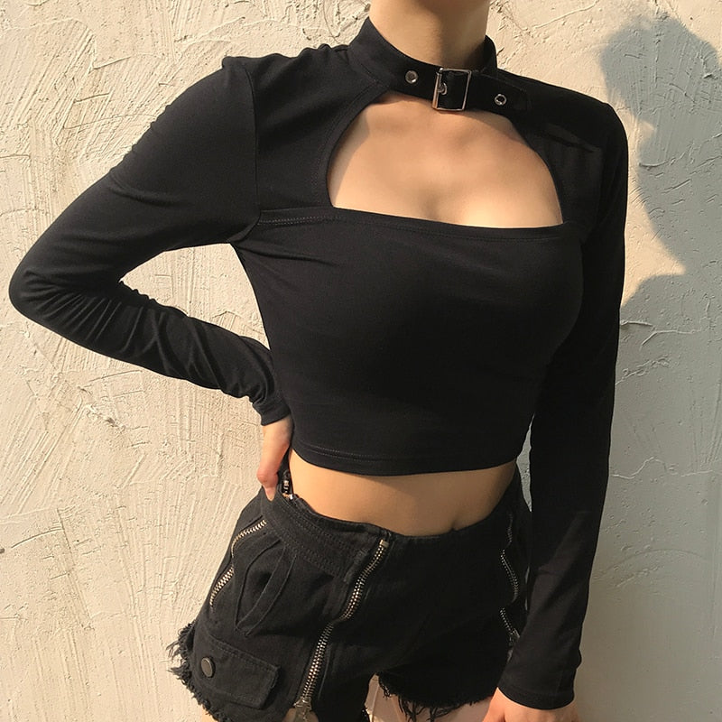 Kylie - Long Sleeve Crop Top with Choker